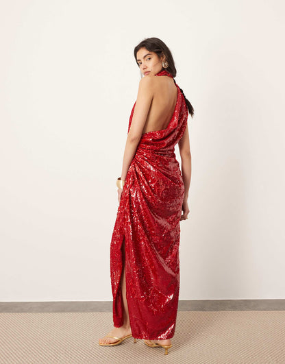 ASOS EDITION sequin sleeveless draped slouchy halter maxi in red