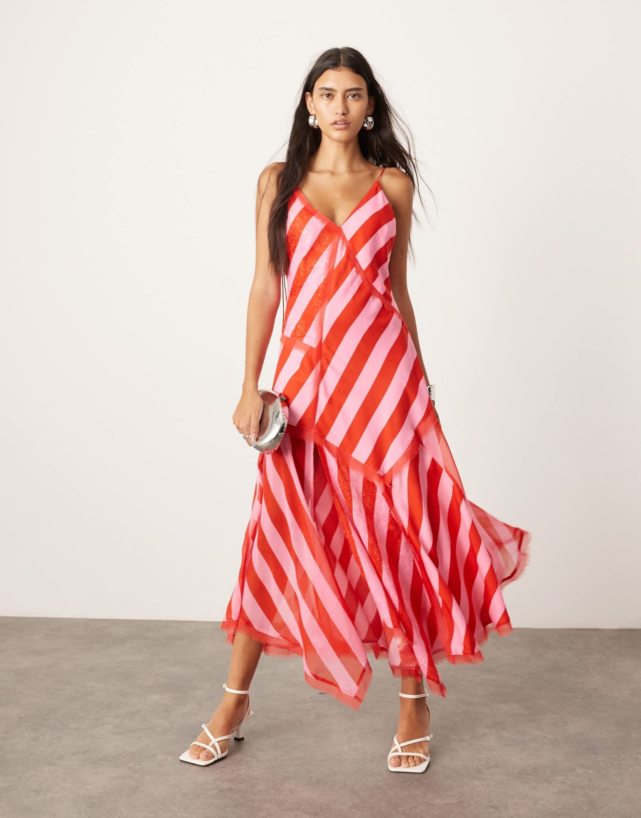 ARRANGE contrast fabric cami midi dress with hanky hem in colour block stripe