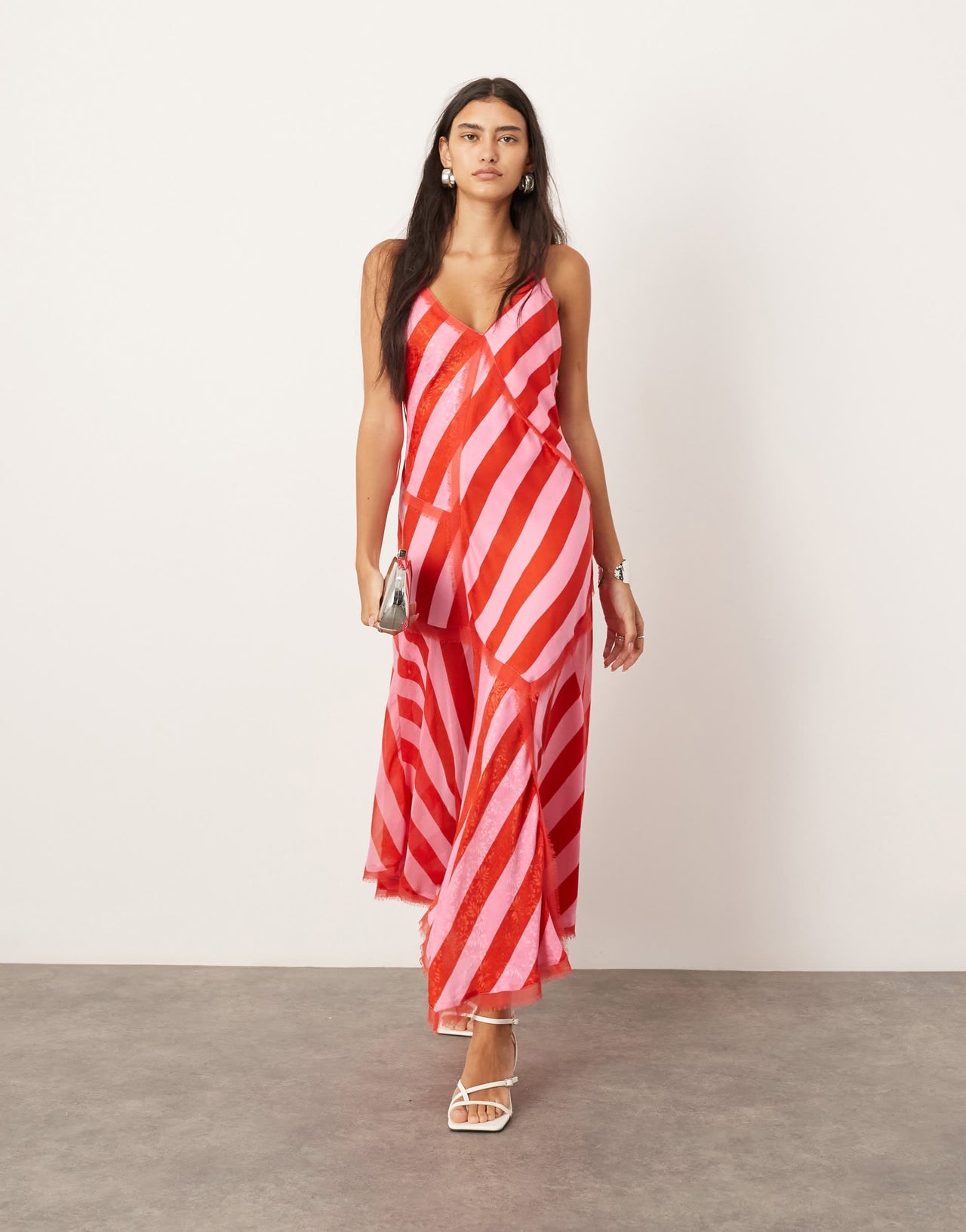 ARRANGE contrast fabric cami midi dress with hanky hem in colour block stripe