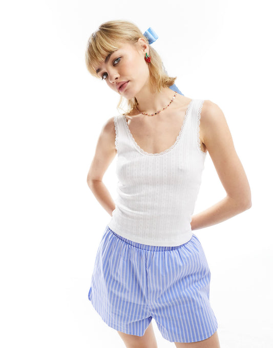 Monki pointelle scoop neck vest top with lace trim in off white