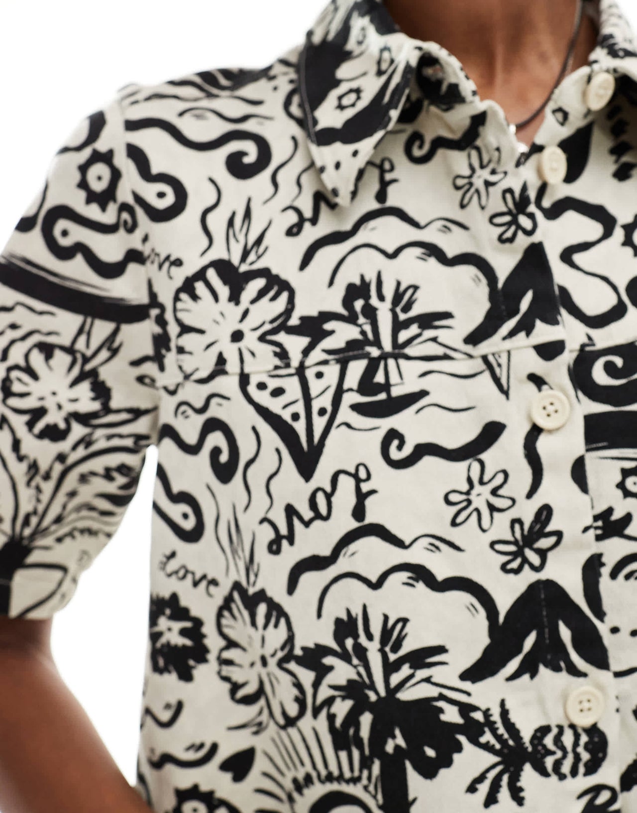 Monki short sleeve button through collar mini shirt dress in mono summer print