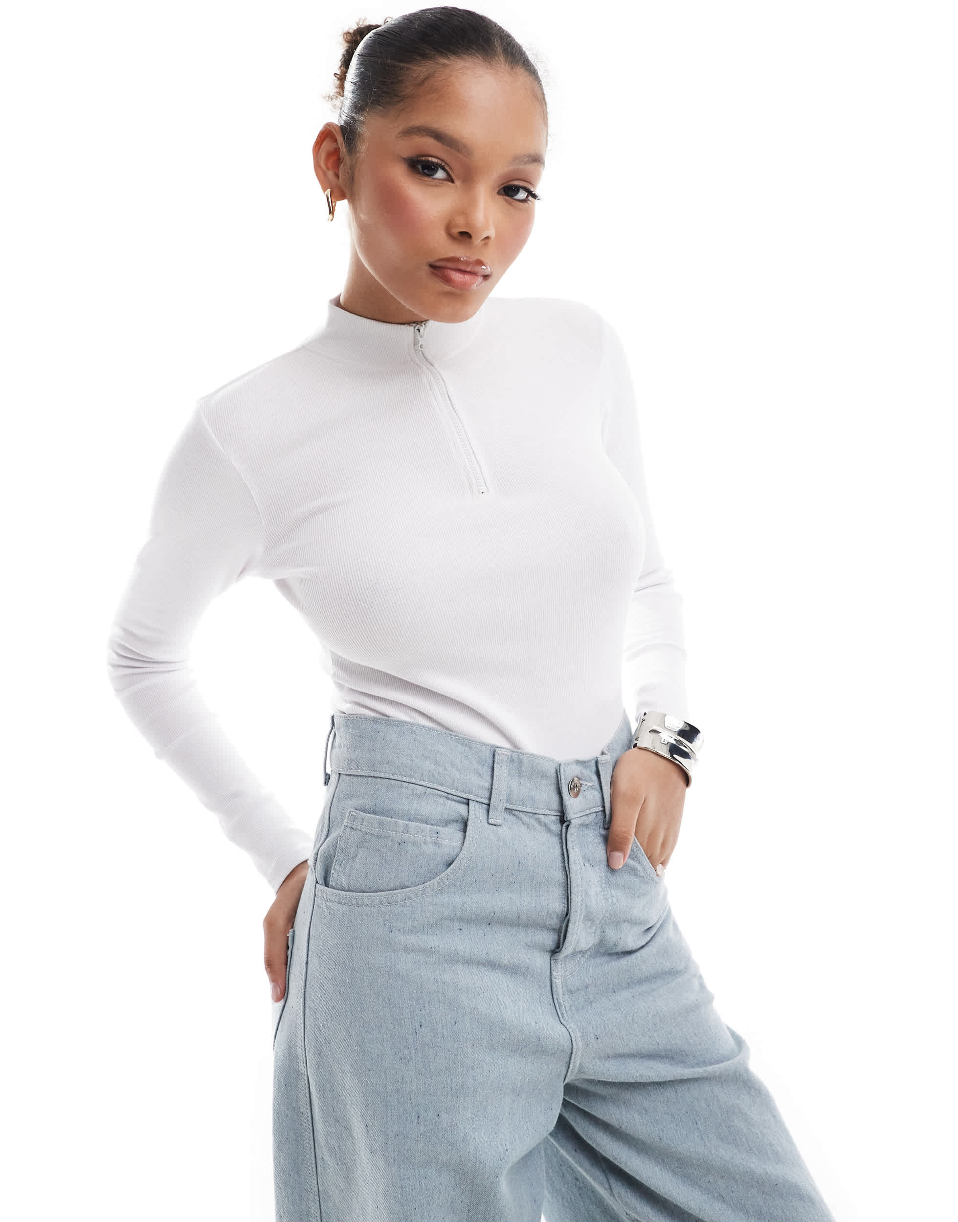 Threadbare ribbed high neck half zip long sleeve bodysuit in white