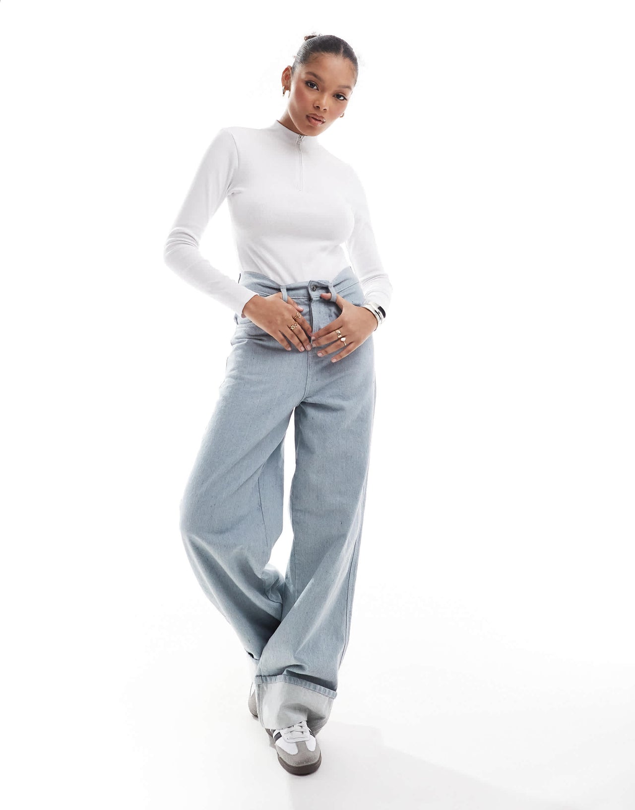 Threadbare ribbed high neck half zip long sleeve bodysuit in white