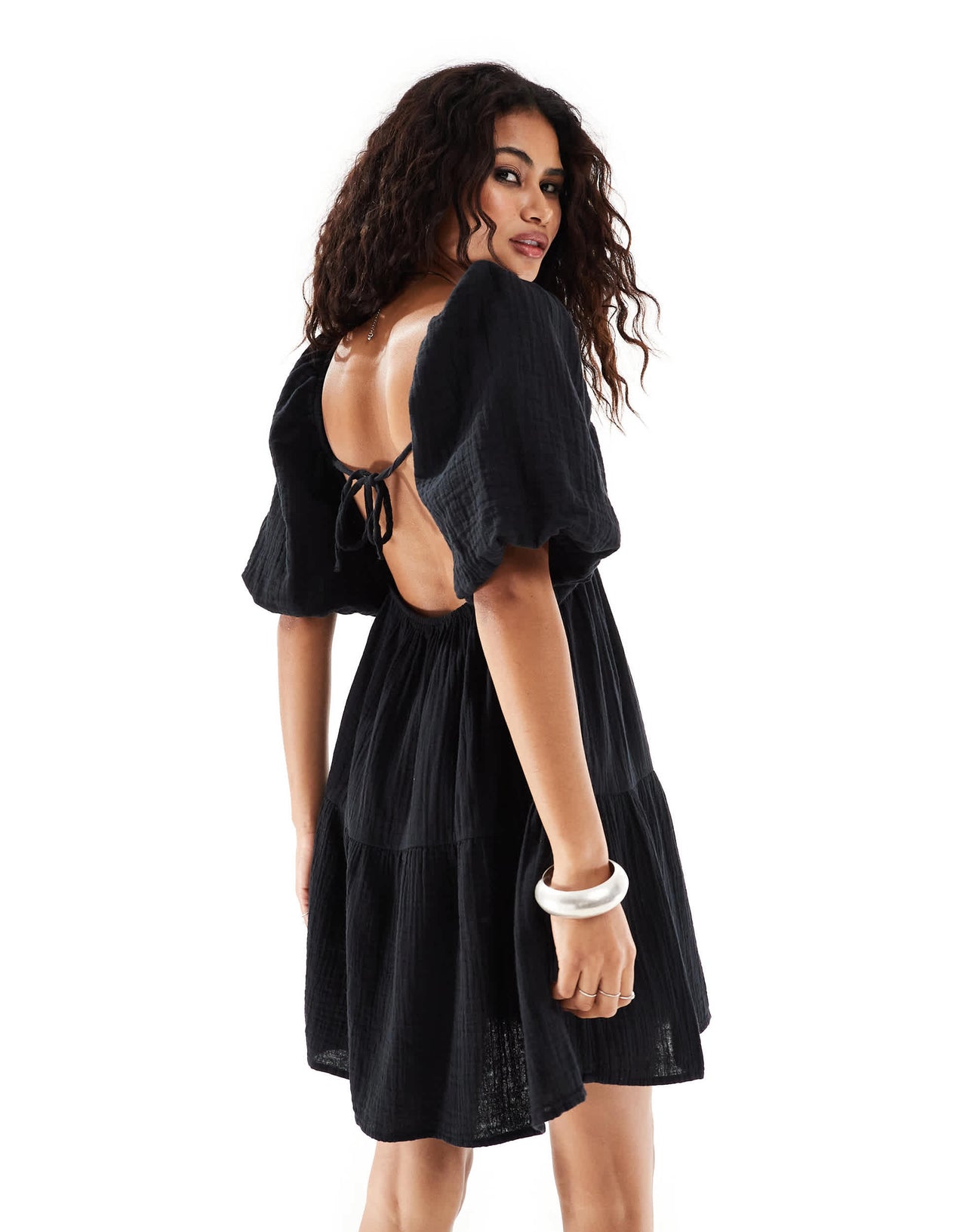 Monki square neck mini dress in with tiered hem in textured black
