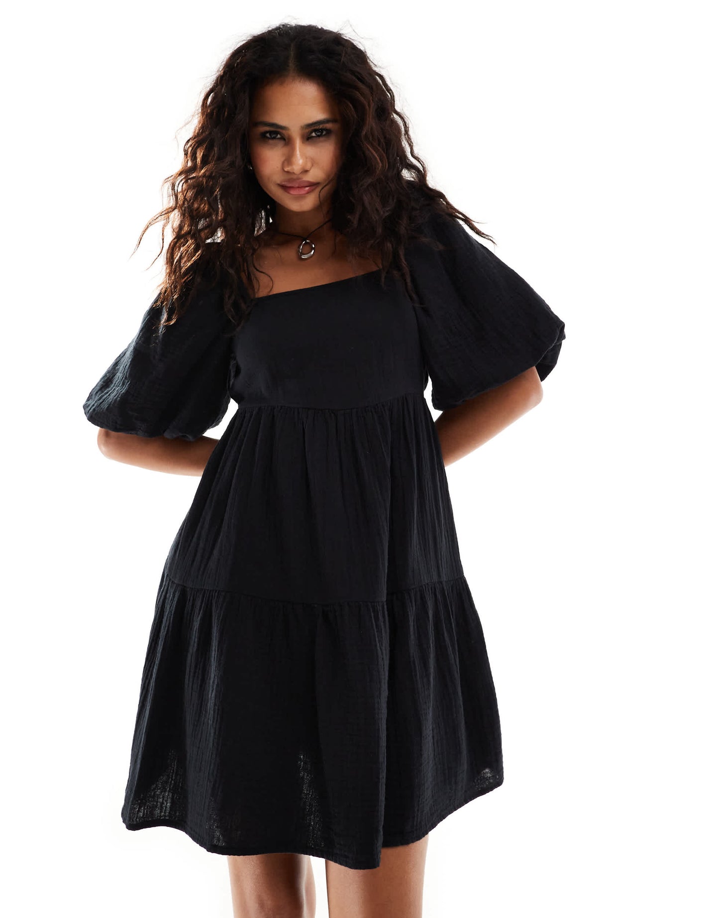 Monki square neck mini dress in with tiered hem in textured black