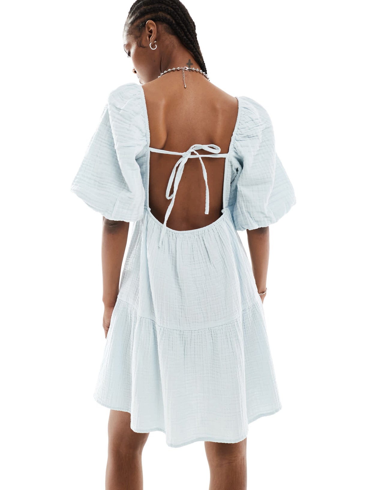 Monki square neck mini dress in with tiered hem in textured blue