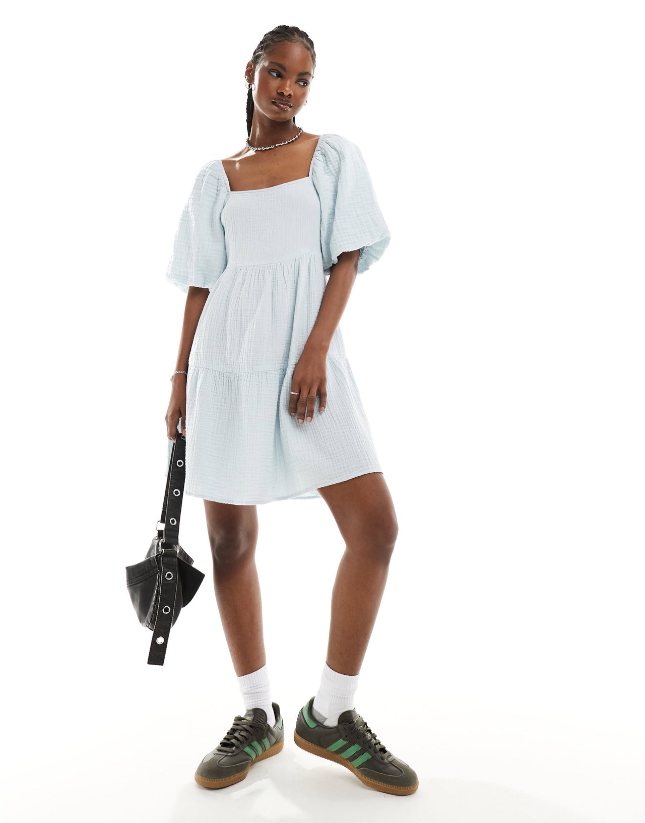 Monki square neck mini dress in with tiered hem in textured blue