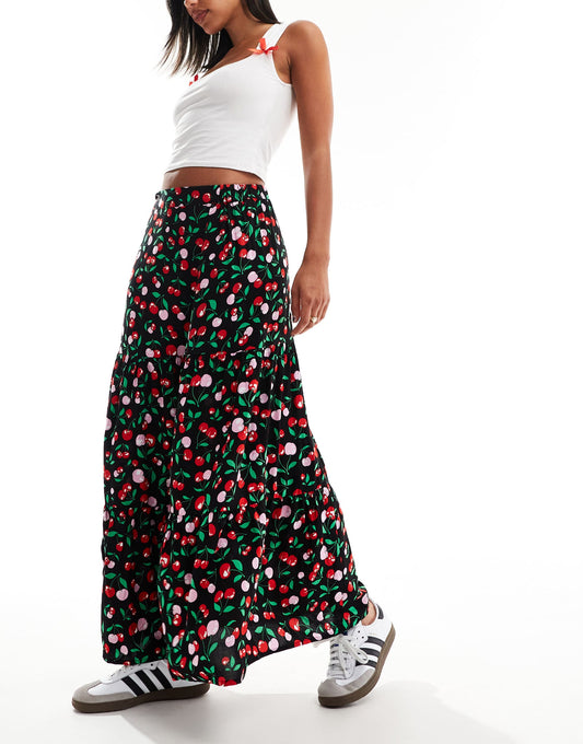 Monki midi tiered skirt in black cherry print