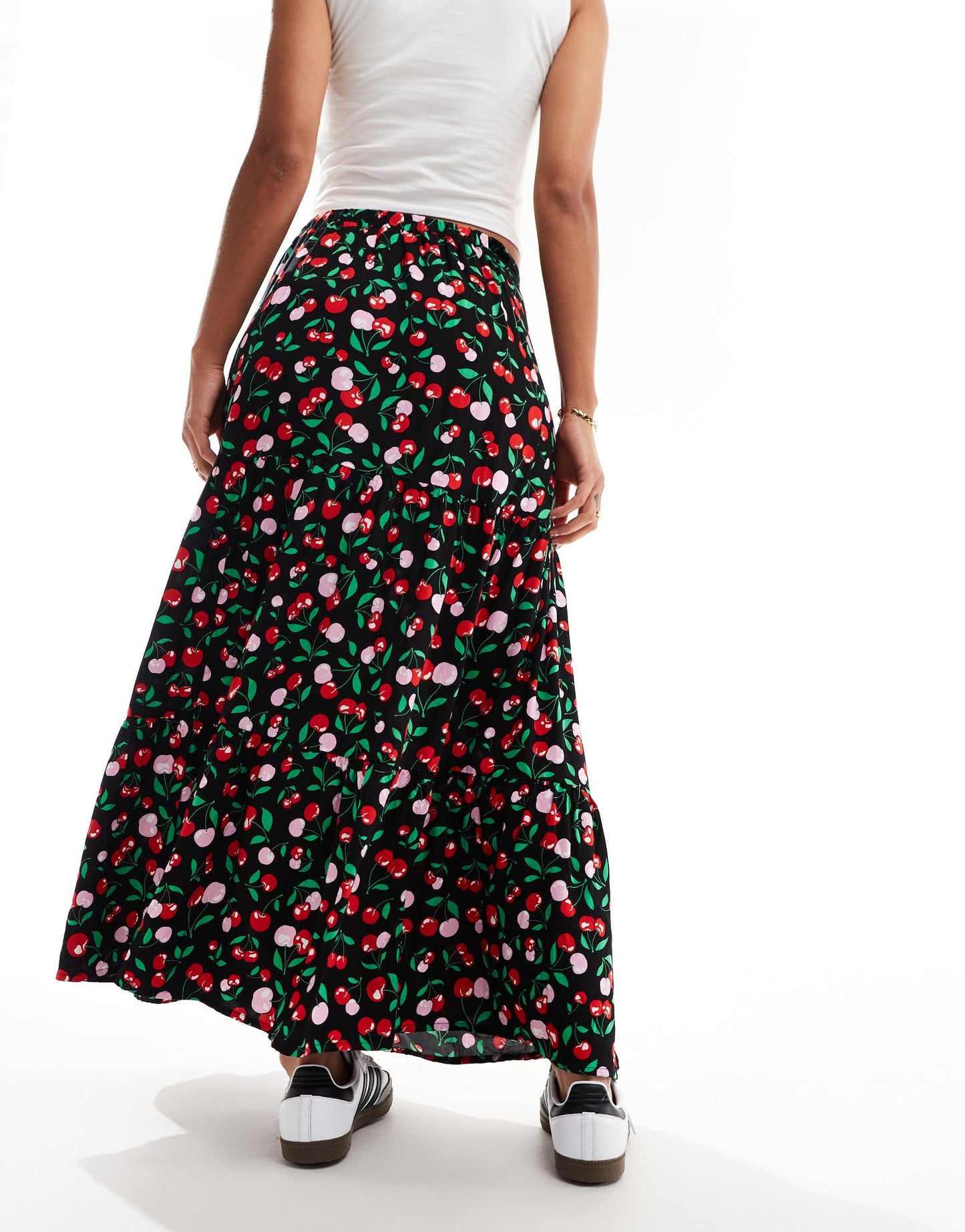 Monki midi tiered skirt in black cherry print