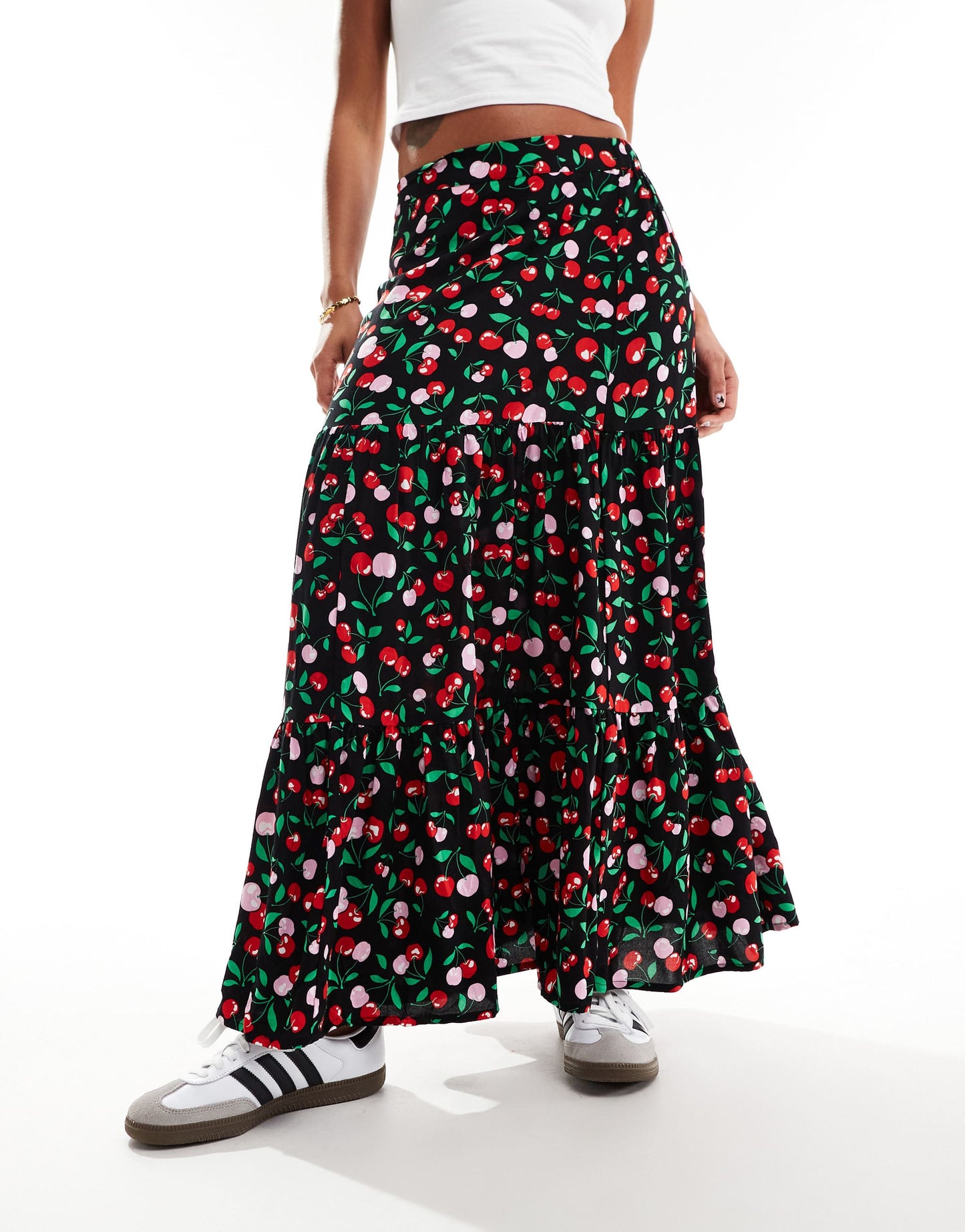 Monki midi tiered skirt in black cherry print