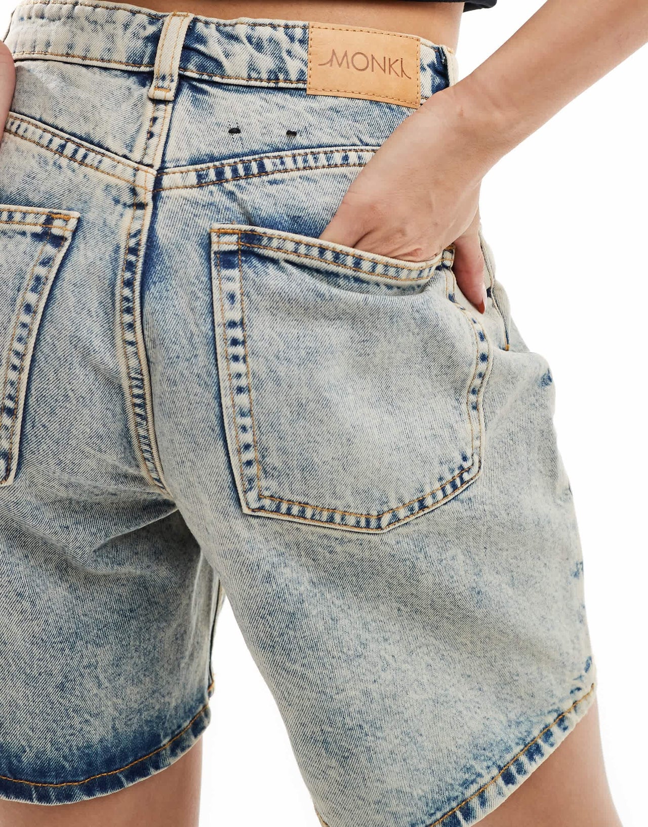 Monki Elfie regular fit denim shorts in tinted beige wash