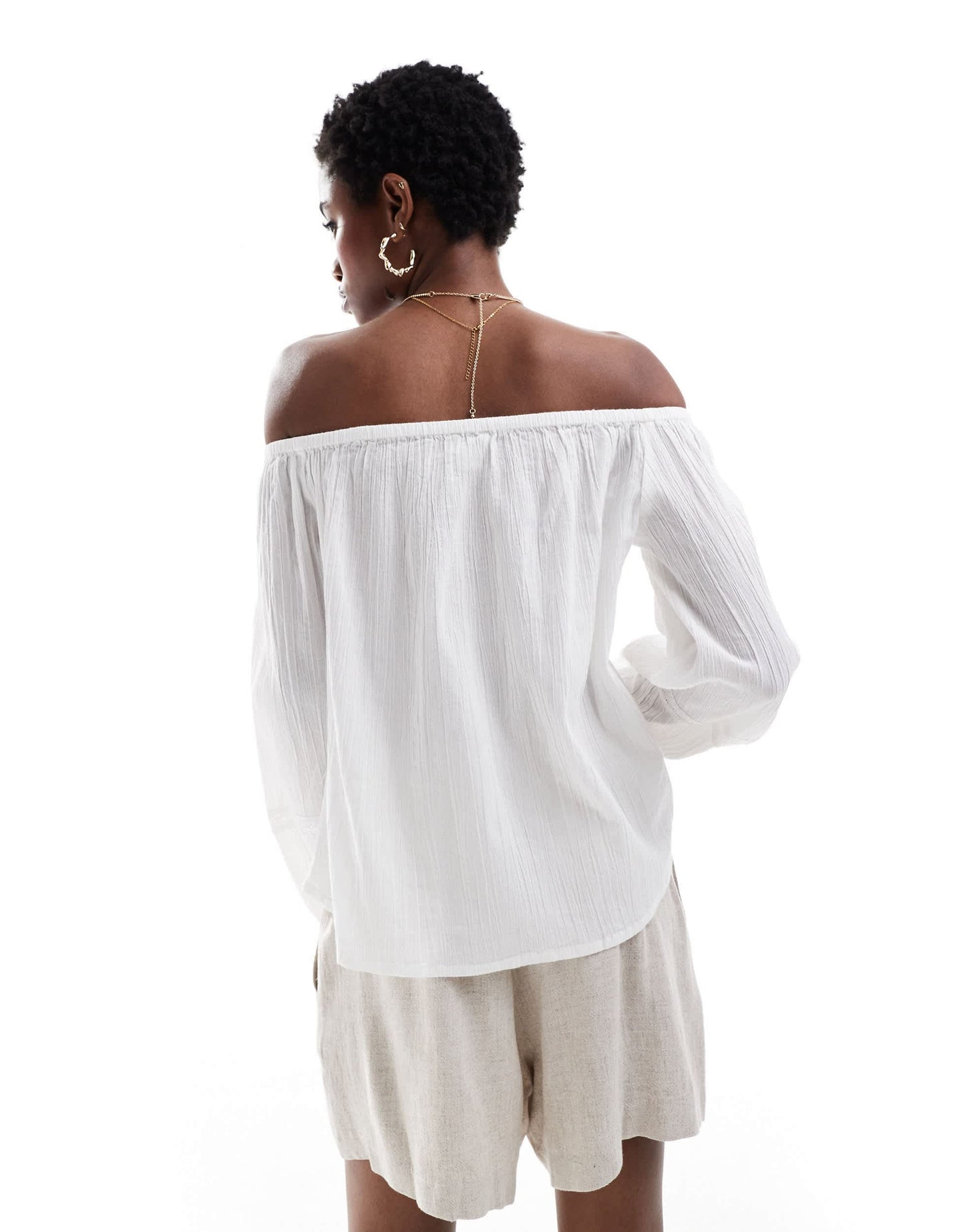 Monki off shoulder blouse with pleated bodice and volume sleeves in white