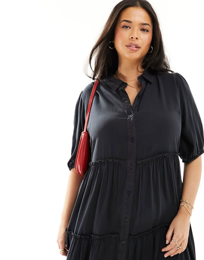 Yours tiered button maxi dress in charcoal