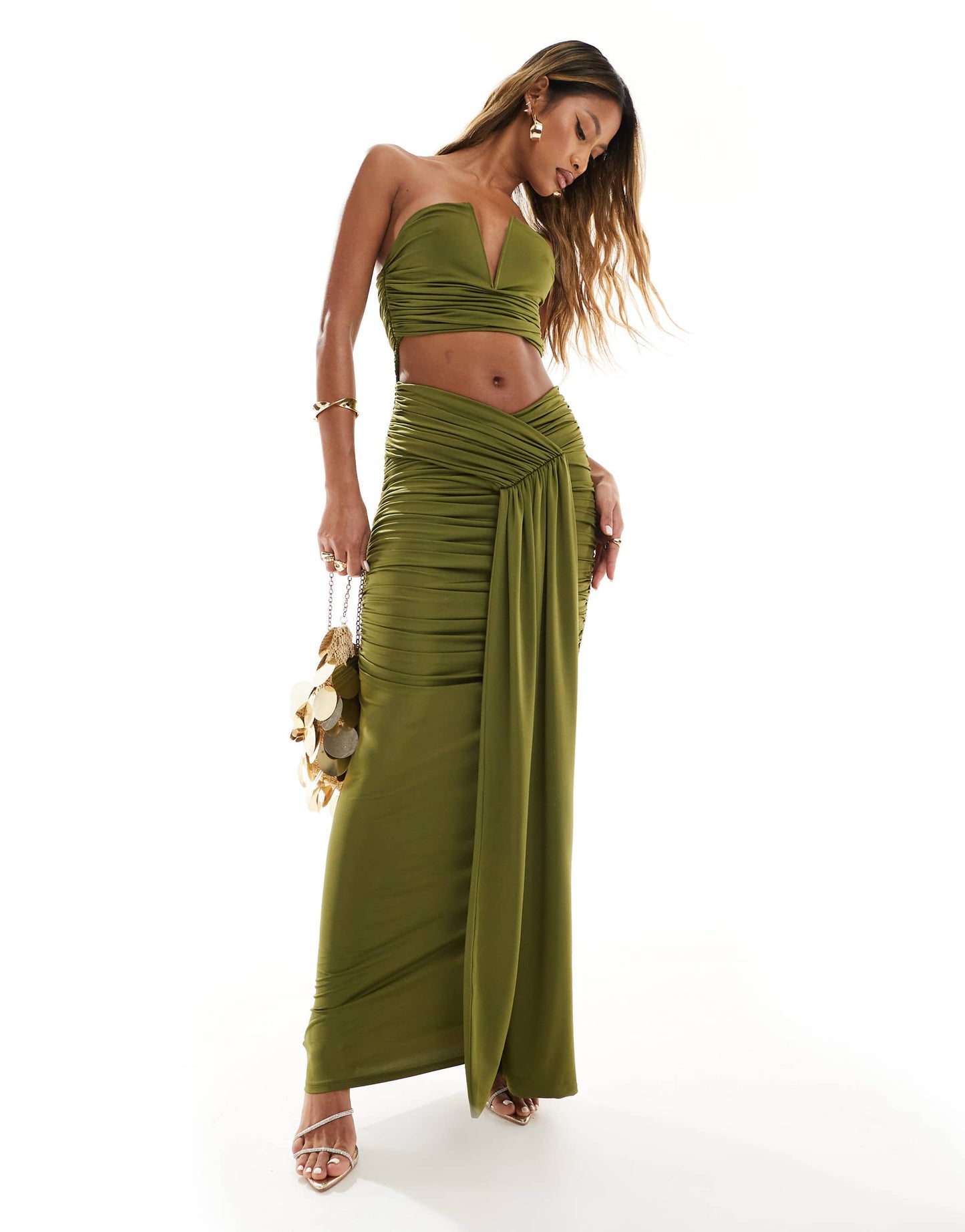 ASOS DESIGN deep v-bar bandeau ruched midi dress in khaki