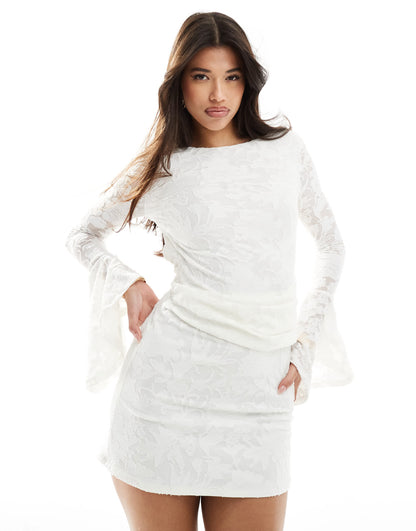 ASOS DESIGN low back devore mini dress with wide cuffs in ivory