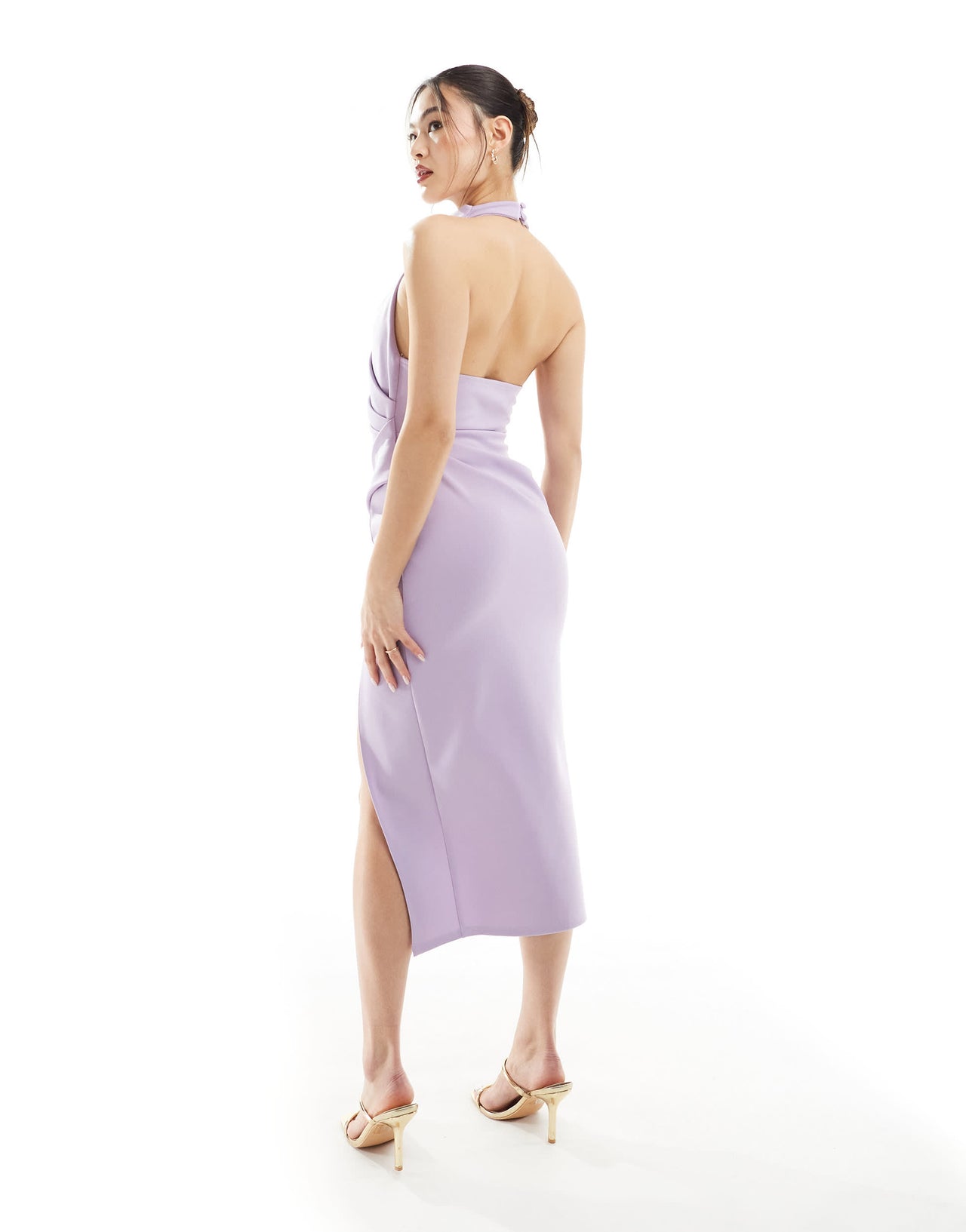 ASOS DESIGN high neck manipulated tuck midi pencil dress in lilac