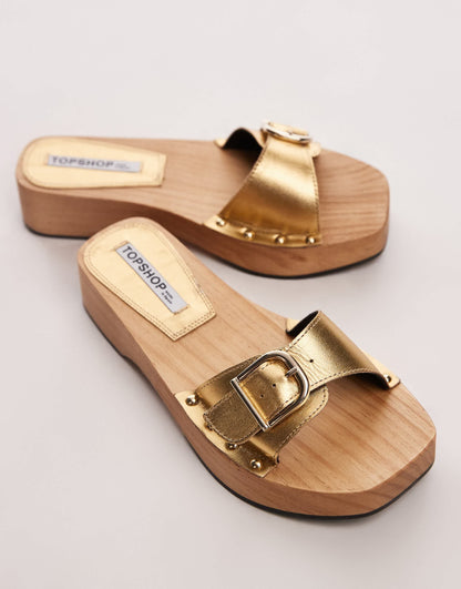 Topshop Iren premium leather clogs with buckle detail in gold