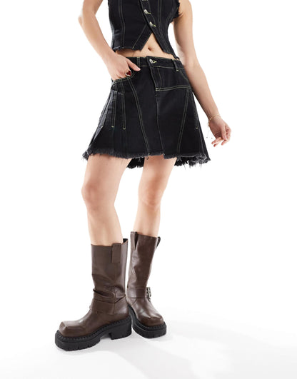 COLLUSION asymetric denim contrast seam festival skirt co-ord in black