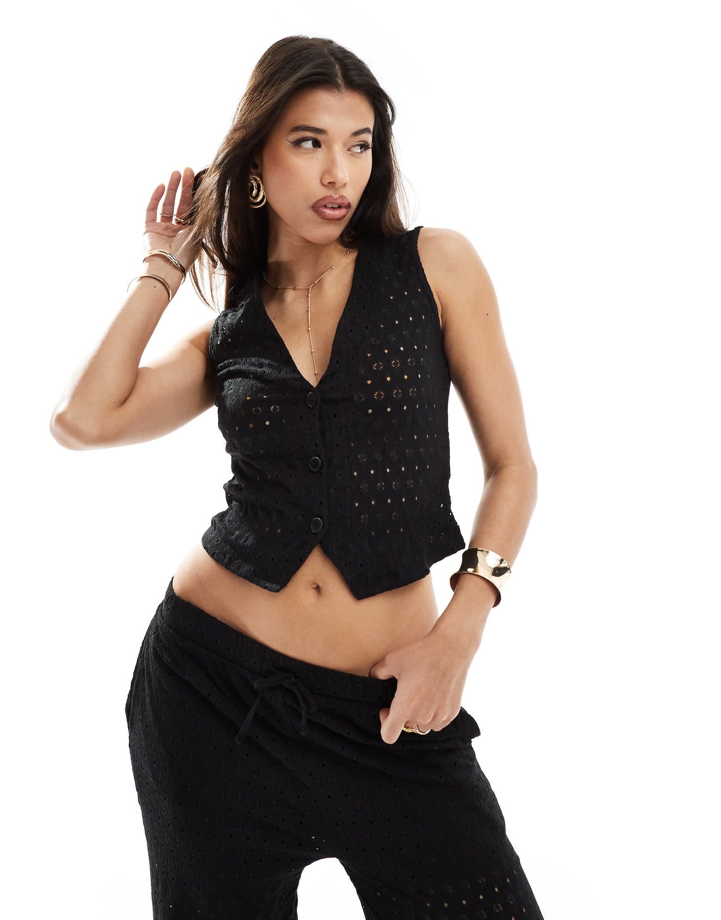 Kaiia exclusive crochet knit waistcoat co-ord in black
