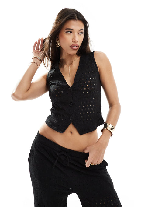 Kaiia exclusive crochet knit waistcoat co-ord in black
