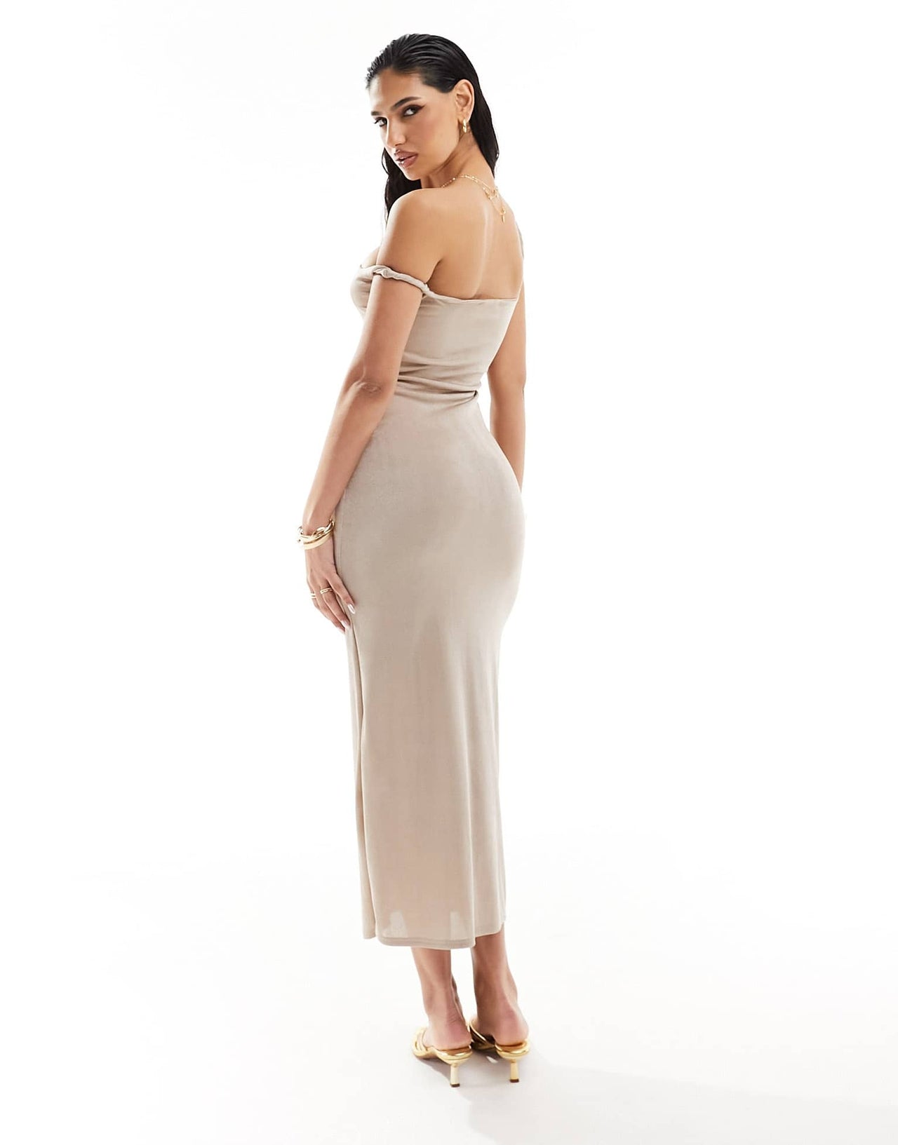 Kaiia exclusive double layered slinky off shoulder bodycon midi dress in light taup