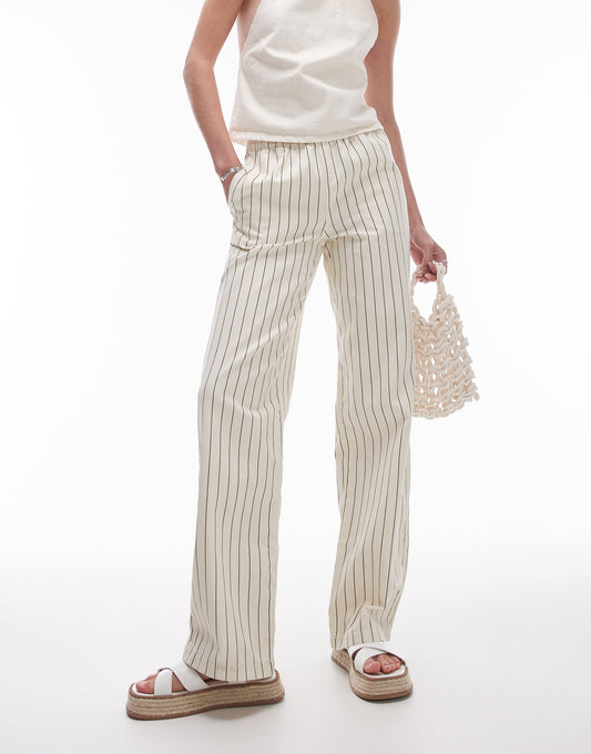 Topshop Tall stripe pull on straight leg trouser in ecru