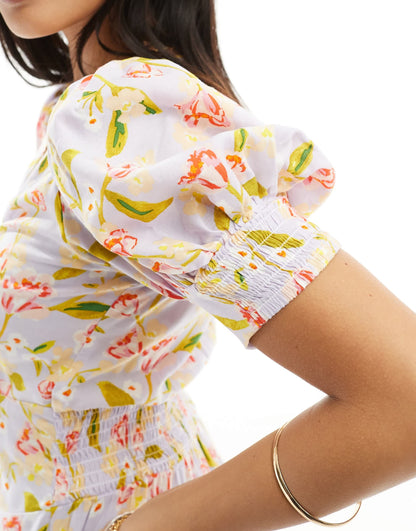 ASOS DESIGN Petite milkmaid tie up mini dress in lilac print