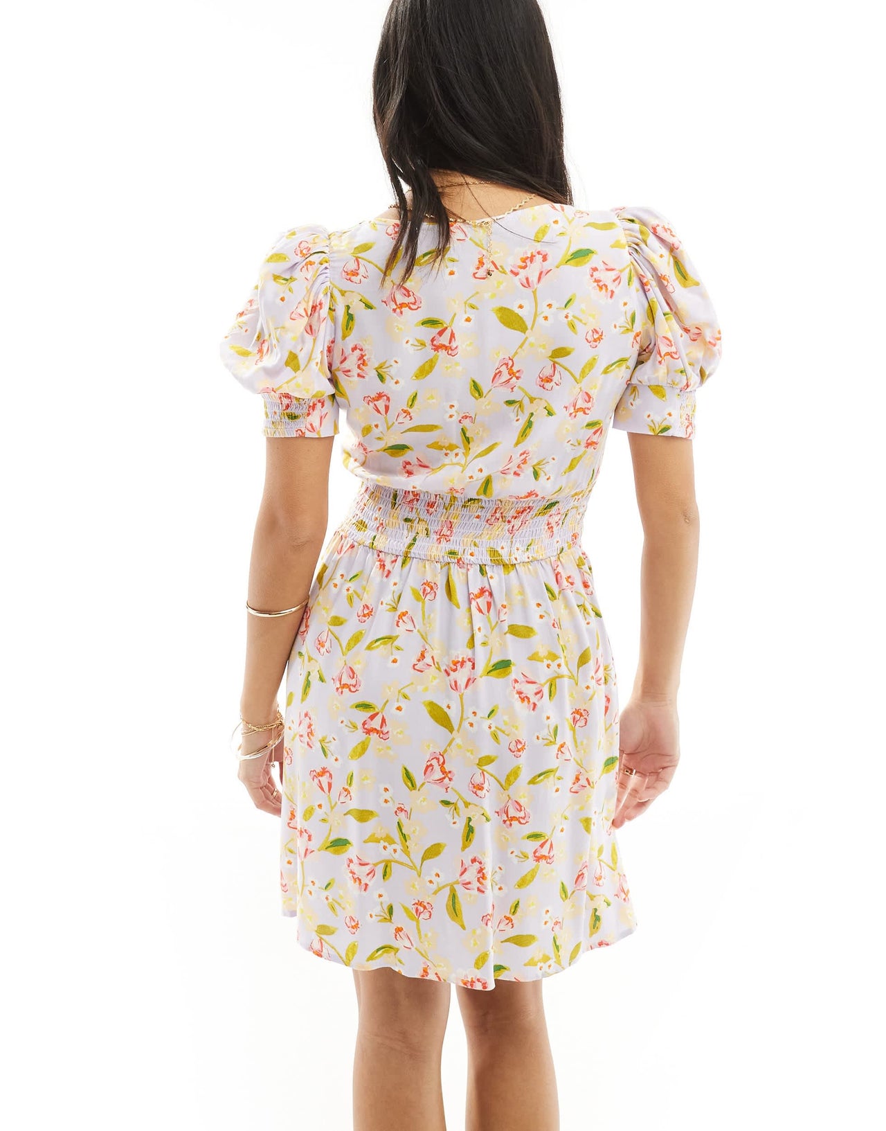 ASOS DESIGN Petite milkmaid tie up mini dress in lilac print