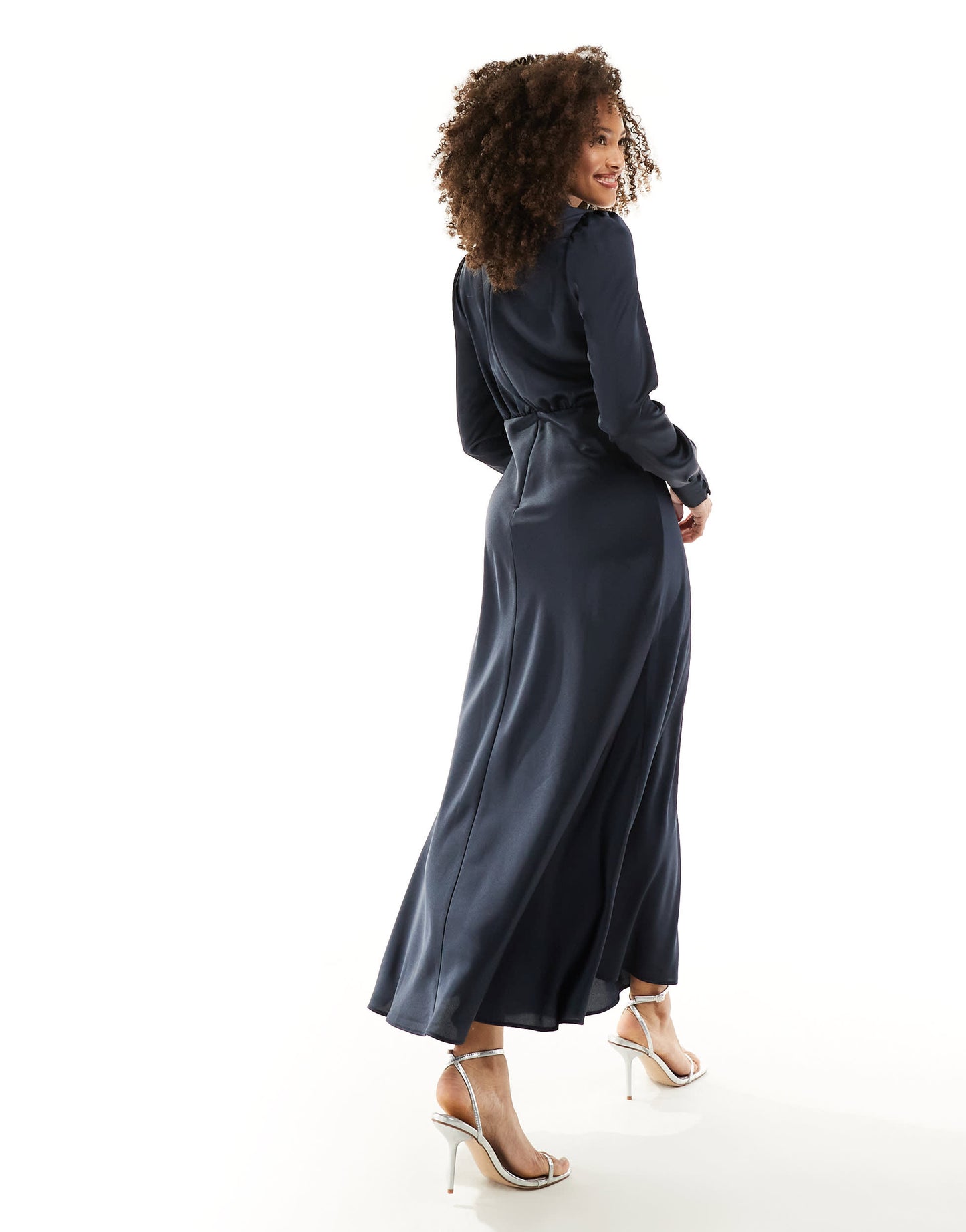 ASOS DESIGN high neck maxi satin tea dress in navy