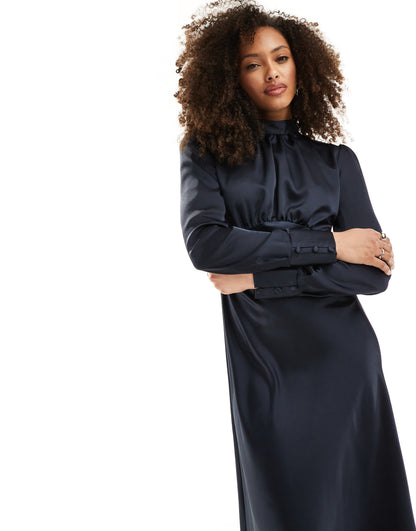 ASOS DESIGN high neck maxi satin tea dress in navy