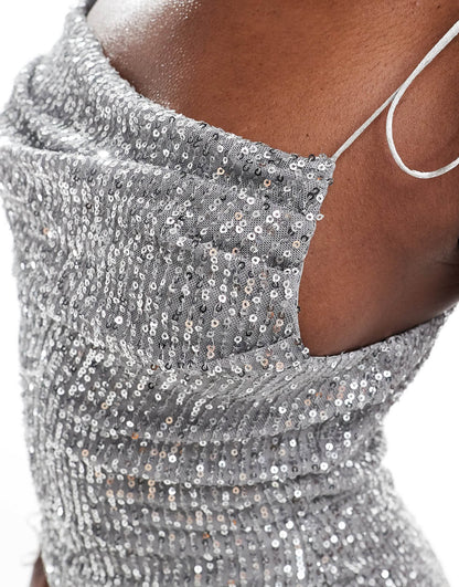 ASOS DESIGN sequin draped neckline cami midi dress with skinny ties in silver