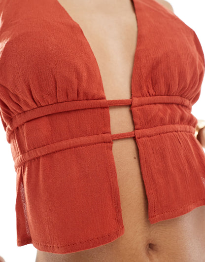 Kaiia exclusive sleeveless plunge tie back top co-ord in rust