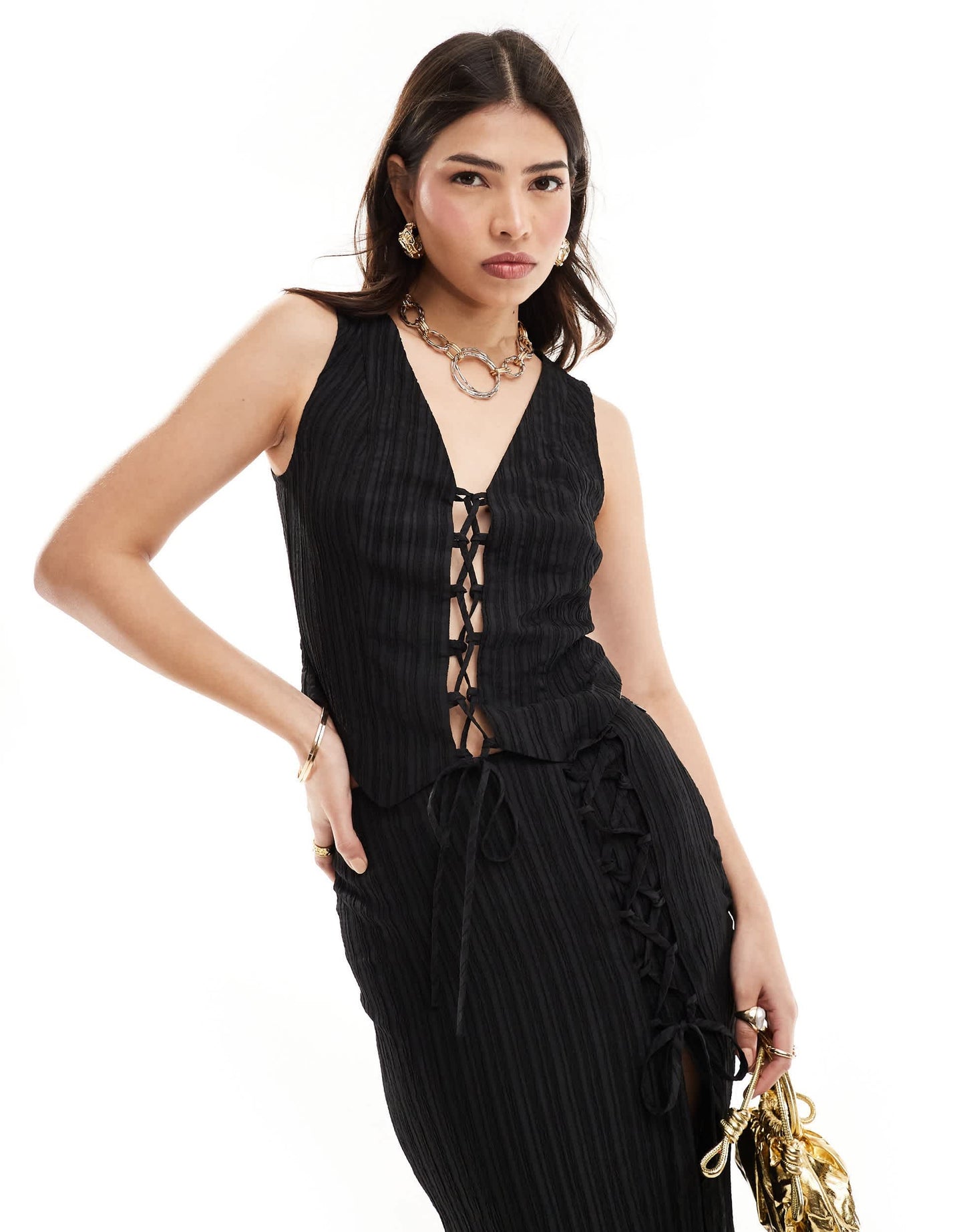 ASOS DESIGN tie front crinkle co-ord waistcoat top in black