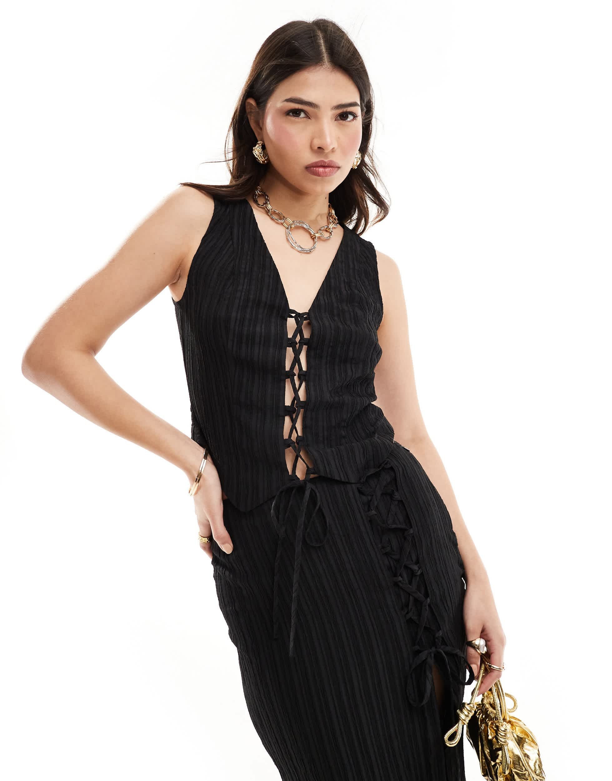 ASOS DESIGN tie front crinkle co-ord waistcoat top in black