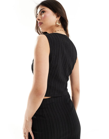 ASOS DESIGN tie front crinkle co-ord waistcoat top in black