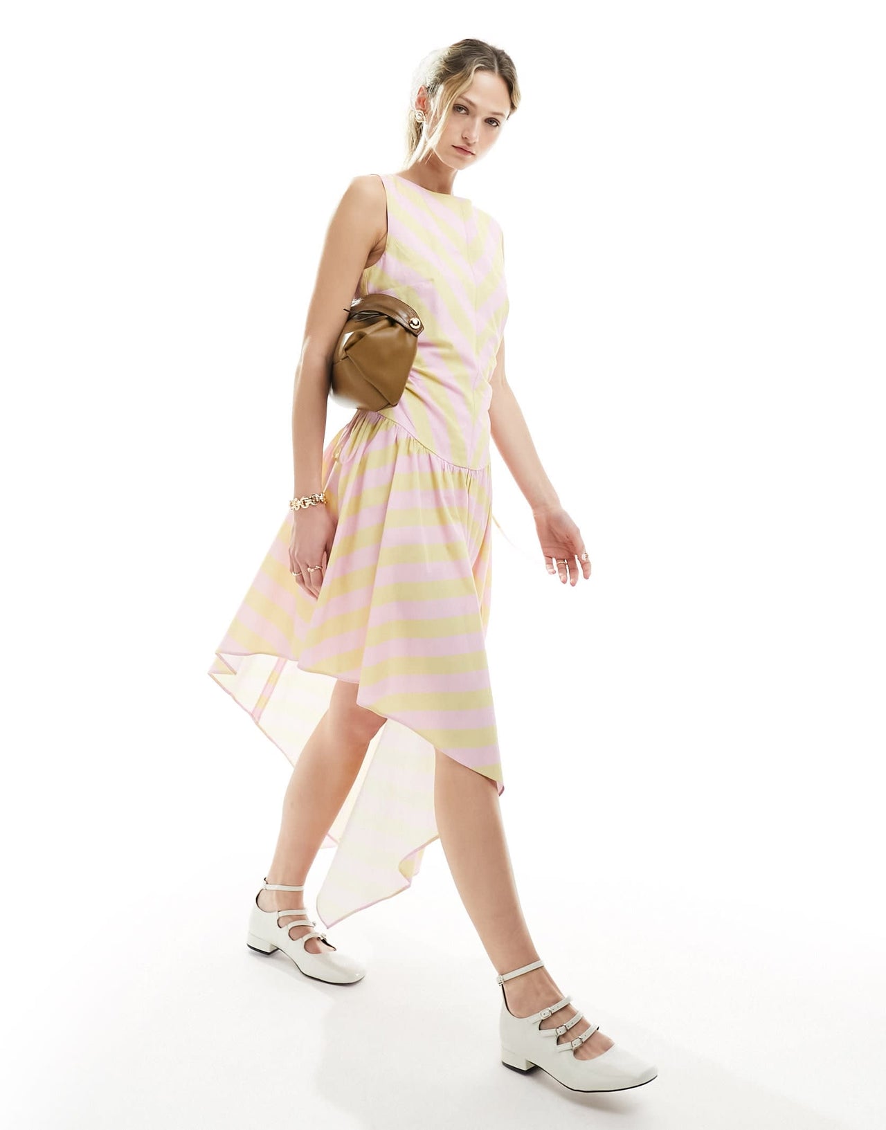 ASOS DESIGN chevron mix stripe cut out dress with asym hem in sherbert chevron