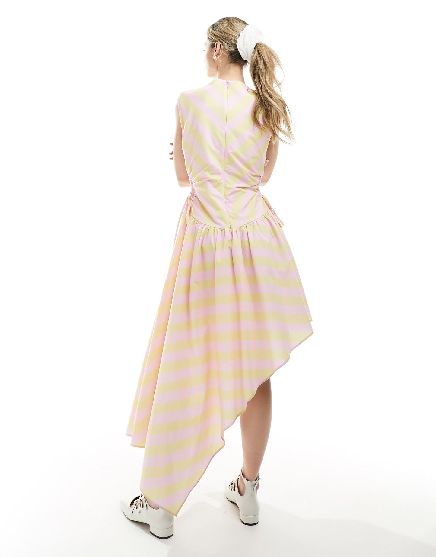 ASOS DESIGN chevron mix stripe cut out dress with asym hem in sherbert chevron
