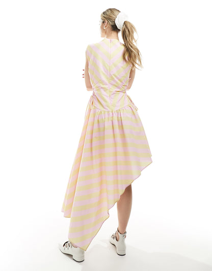 ASOS DESIGN chevron mix stripe cut out dress with asym hem in sherbert chevron