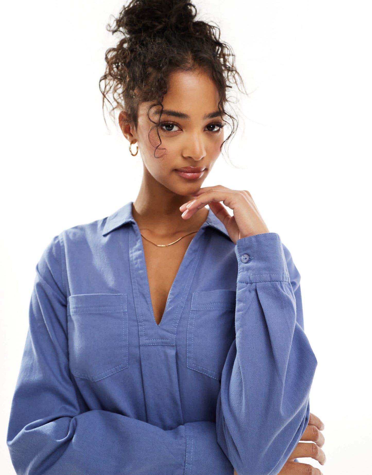 ASOS DESIGN cotton twill pocket shift mini with raw hem in denim blue