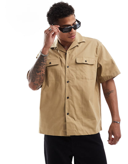 Selected boxy oversized revere collar shirt with double pockets in beige