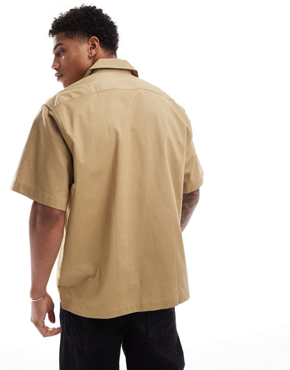 Selected boxy oversized revere collar shirt with double pockets in beige