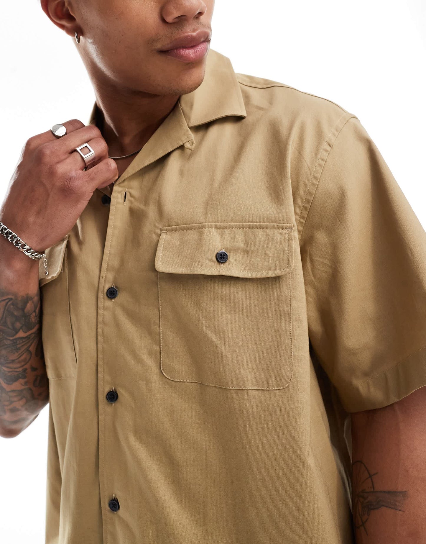 Selected boxy oversized revere collar shirt with double pockets in beige