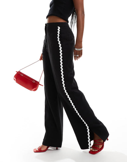 ASOS DESIGN rik rak trim straight leg tailored trouser in mono