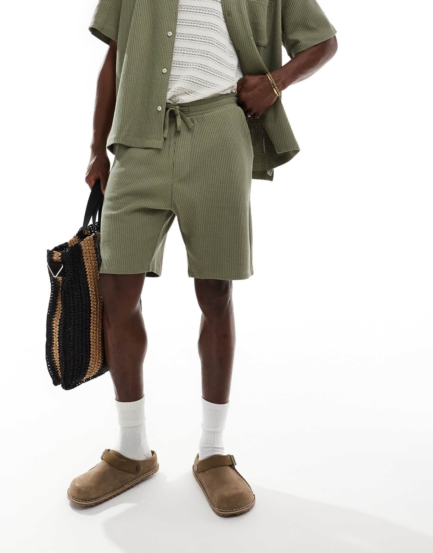 Selected co-ord waffle shorts in khaki