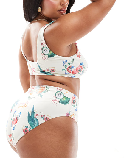 ASOS DESIGN Curve high leg high waist bikini bottom in postcard print
