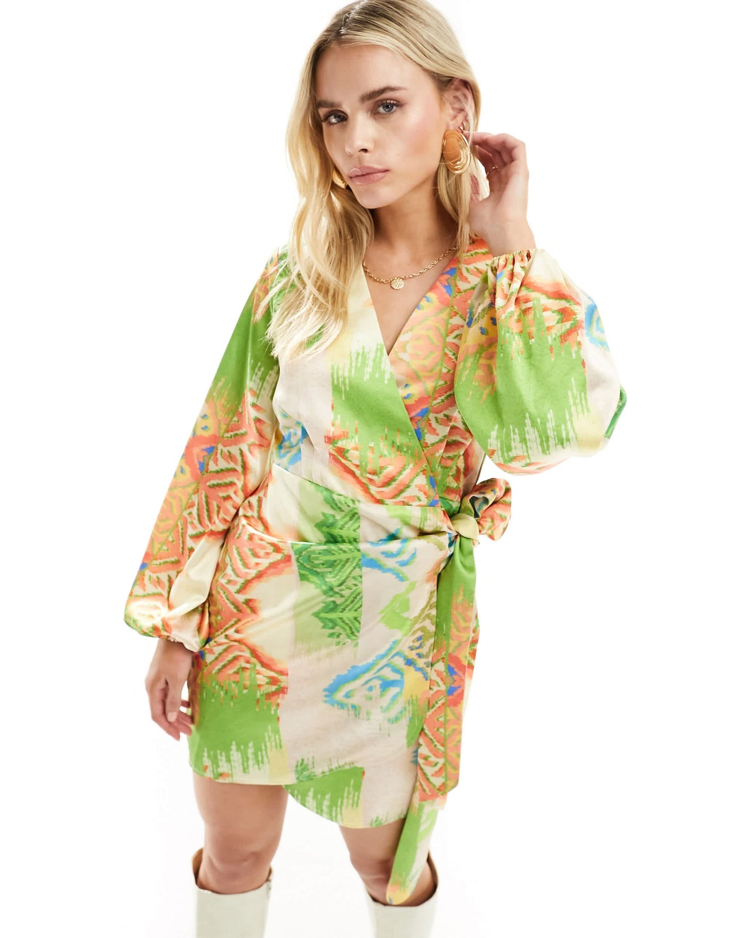 Never Fully Dressed Petite wrap mini dress in green abstract print
