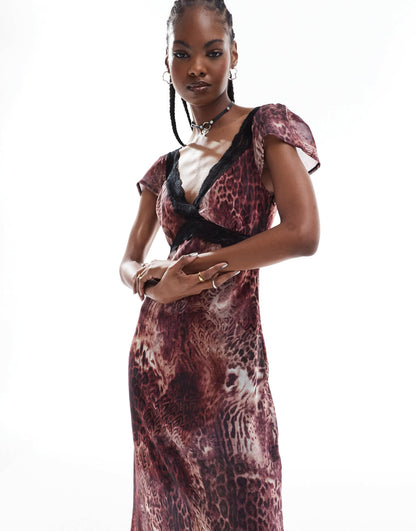 Reclaimed Vintage lace trim midi dress in animal print