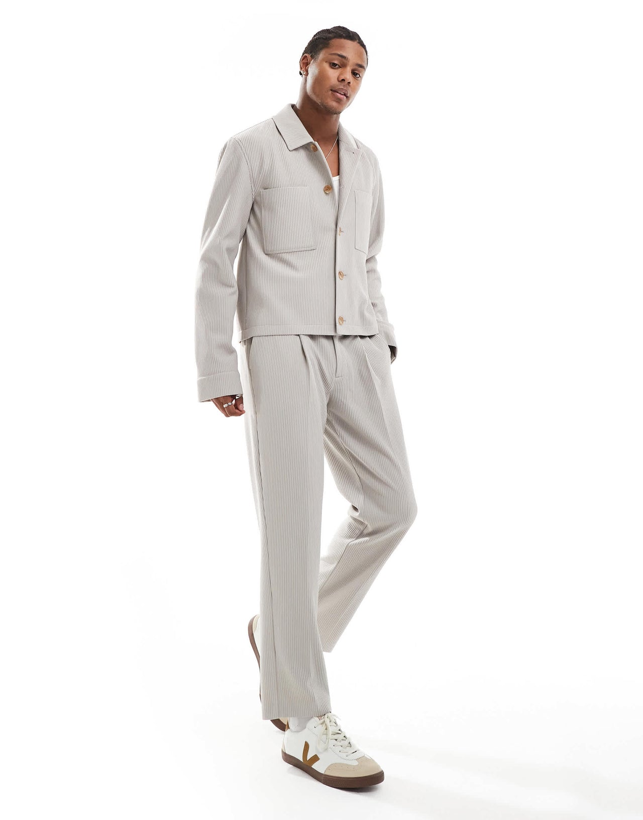 ASOS DESIGN smart co-ord slim fit textured rib trousers in stone