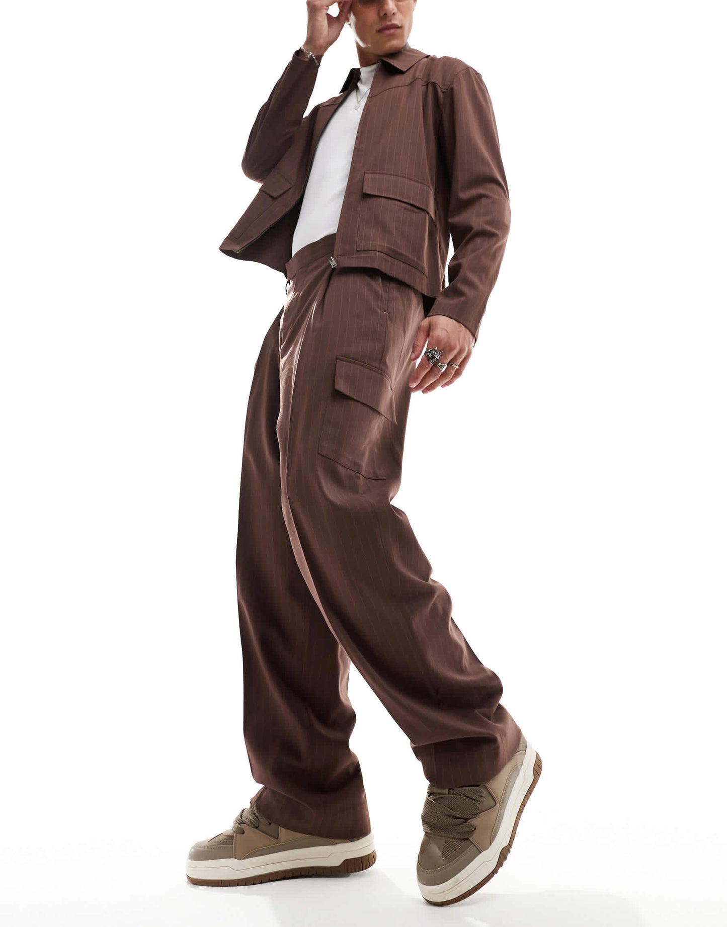 ASOS DESIGN smart co-ord pinstripe wide leg cargo trouser in brown