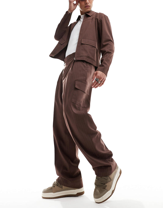 ASOS DESIGN smart co-ord pinstripe wide leg cargo trouser in brown